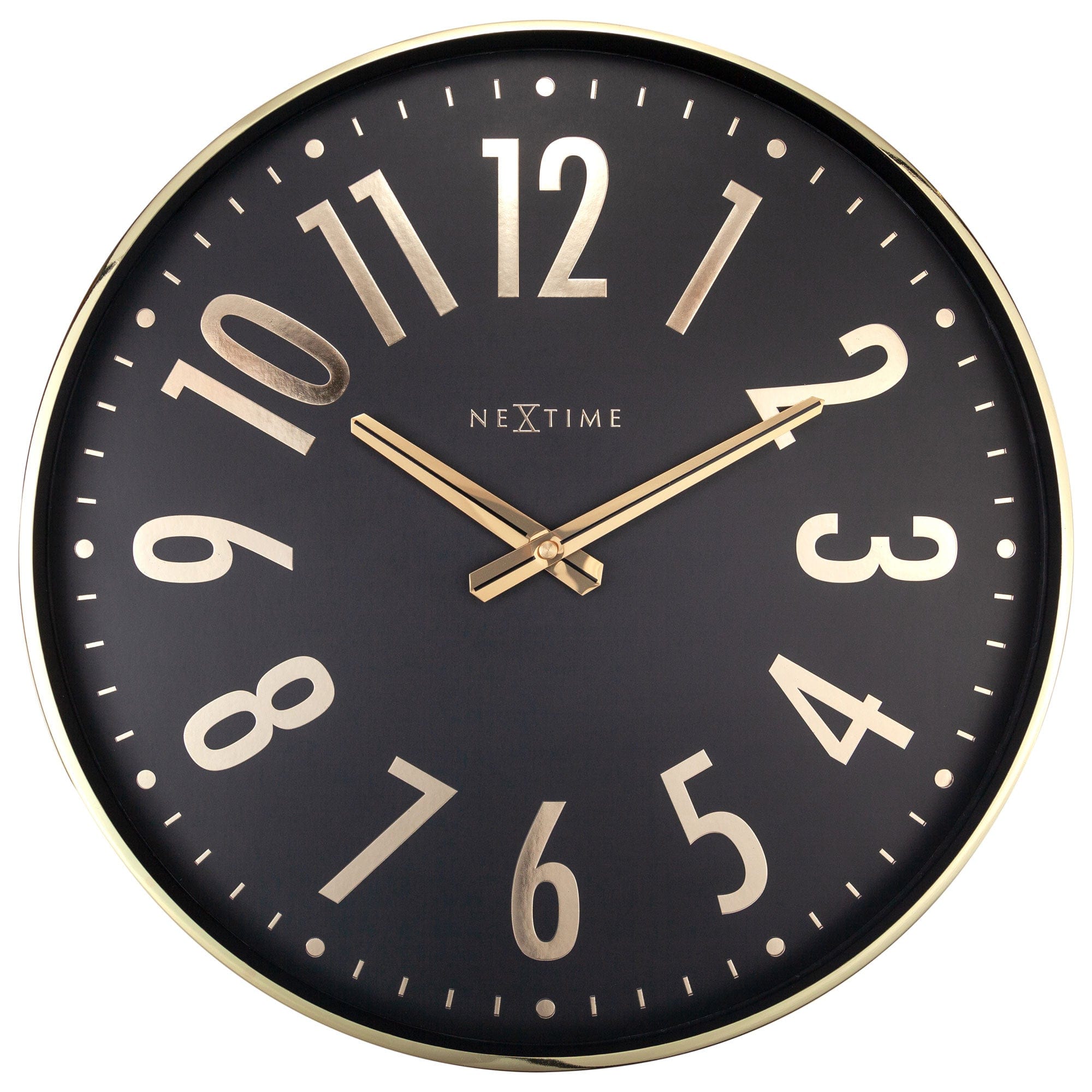 NeXtime Clocks Alchemy wall clock, 40cm silent metal design with black and gold finish, showing clock face with numbers and hands.